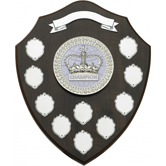 Prestigious 12'' Wooden Annual Presentation Shield featuring gem stones
